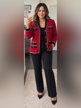 St. John knit classic button up cardi sz Medium in red and black (A09)